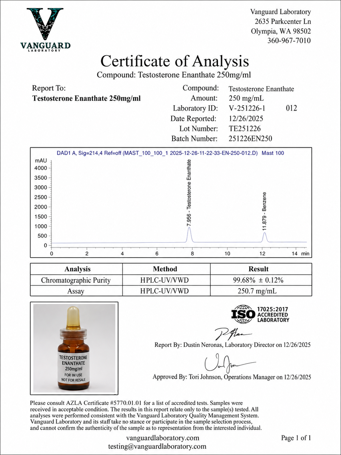 Testosterone Enanthate 250mg lab certificate