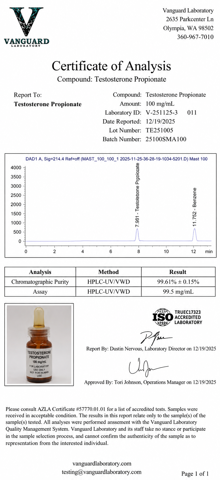 Testosterone Propionate 100mg lab certificate